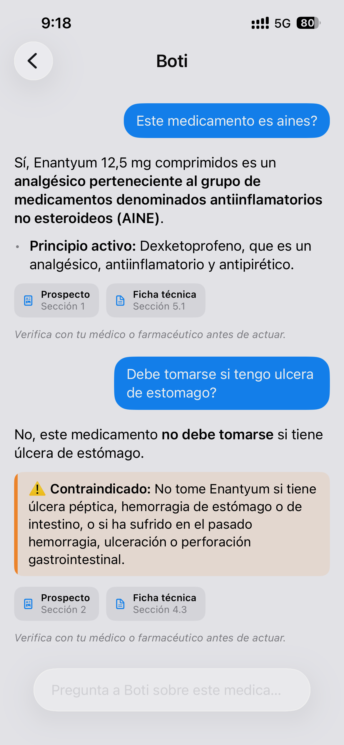 Conversación con el asistente Boti sobre un medicamento