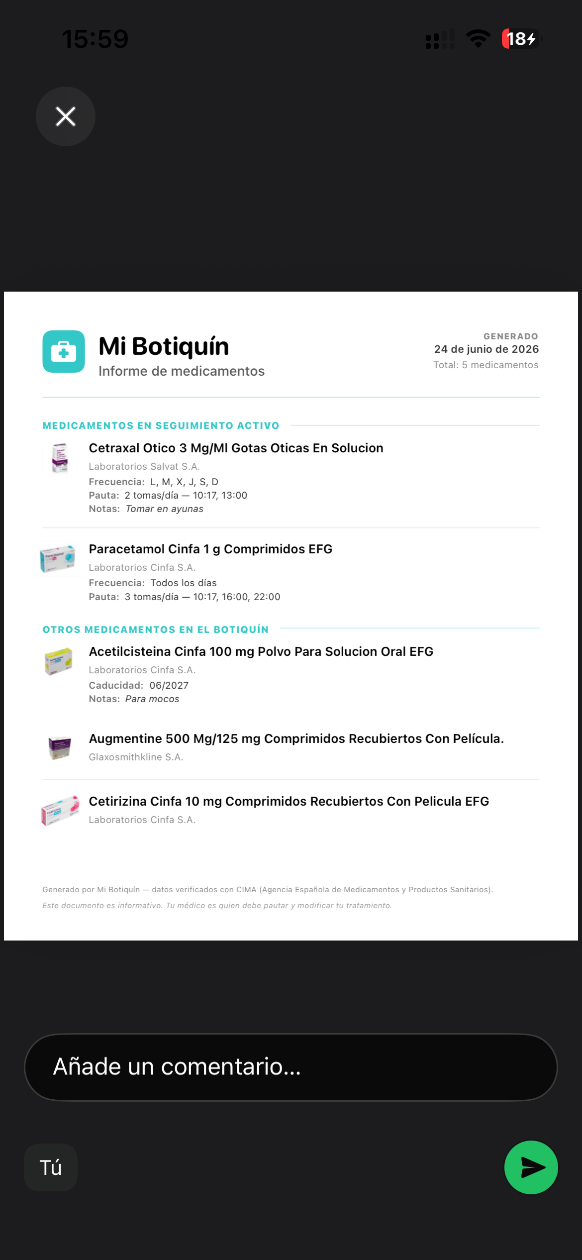 Informe de medicamentos generado por Mi Botiquín