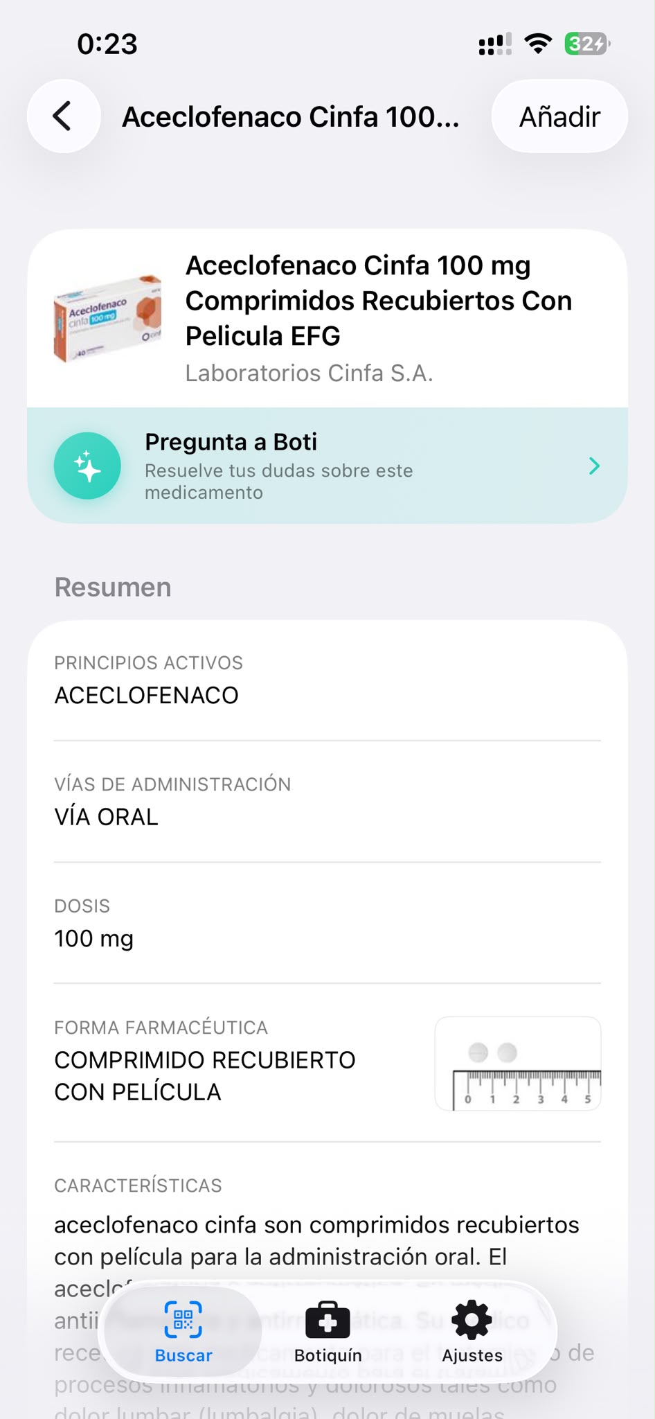Ficha de un medicamento con principio activo, dosis y vía de administración