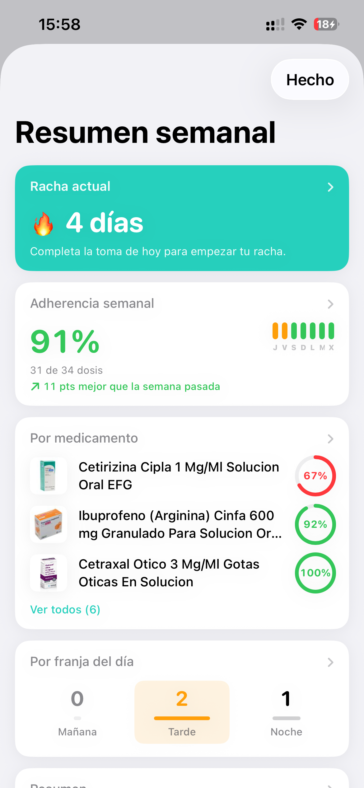Resumen semanal con racha y porcentaje de adherencia
